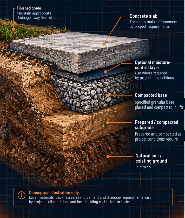 Conceptual concrete slab ground-preparation cross-section showing the concrete slab, optional moisture-control layer, compacted base, prepared subgrade, natural soil, and finished-grade drainage relationship.